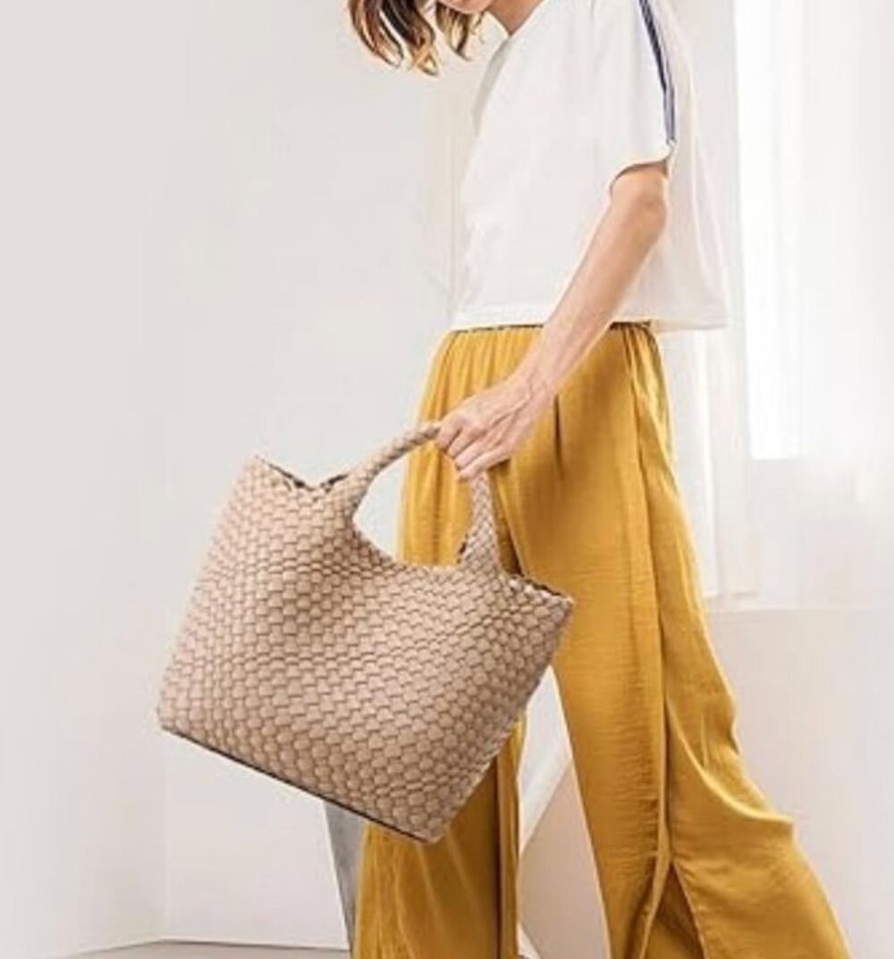 Queenoris Apricot Tan Vegan Leather Woven Tote Bag